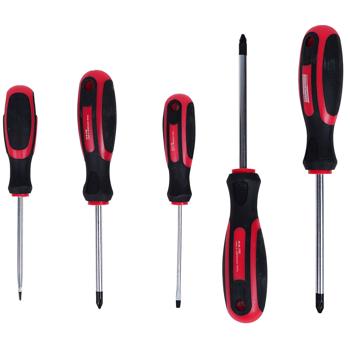 Preview: Lot de qualité de 5 tournevis en acier au chrome-vanadium – 2 tournevis plats, 3 cruciformes, manche ergonomique, antidérapant, longue durée de vie, rouge-noir