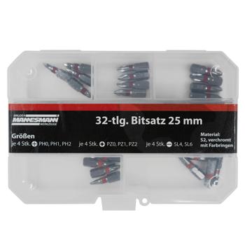 Preview: DIY bit set made of ultra-robust S2 steel, 32-piece, 25 mm length, colour rings, sandblasted, in practical storage box