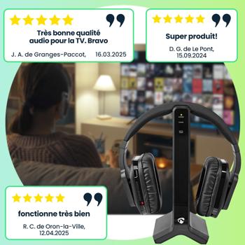 Preview: Casque TV Stéréo sans Fil - Portée 25m, Station de Charge & Arceau Réglable - Oreillettes Rembourrées, Autonomie 8h, Noir