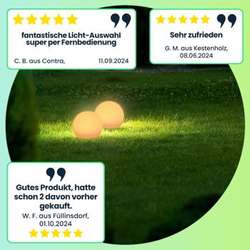 Preview: 2er-Set Solar-LED-Leuchtkugel, Ø 20cm, RGBW mit Fernbedienung, 60 Lu, IP67. Farbwechsel-Lichtkugel für Garten & Terrasse, wetterfest & kabellos Preview: 2er-Set Solar-LED-Leuchtkugel, Ø 20cm, RGBW mit Fernbedienung, 60 Lu, IP67. Farbwechsel-Lichtkugel für Garten & Terrasse, wetterfest & kabellos