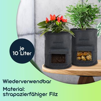Preview: Atmungsaktive 10L Pflanzen-Wachstumssäcke aus Filz, 10er-Set, mit Tragegriffen und Sichtfenster, für Kartoffeln, Gemüse, Beeren und mehr, leicht und robust