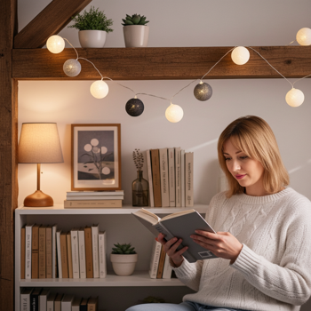 Preview: Decorative fairy lights with 10 cotton lanterns (white-grey-black) - For atmospheric lighting indoors Preview: Decorative fairy lights with 10 cotton lanterns (white-grey-black) - For atmospheric lighting indoors