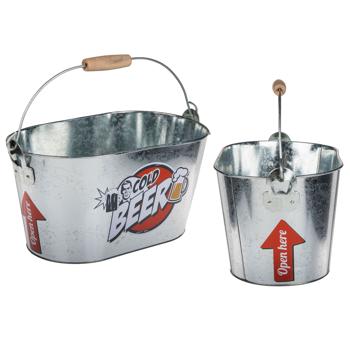 Preview: Biereimer aus Metall - Bierkühler mit Henkel, Holzgriff & integriertem Flaschenöffner - Oval, 6 Liter Volumen, ideal für Partys, Oktoberfest & Vatertag