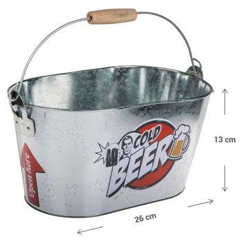 Preview: Biereimer aus Metall - Bierkühler mit Henkel, Holzgriff & integriertem Flaschenöffner - Oval, 6 Liter Volumen, ideal für Partys, Oktoberfest & Vatertag
