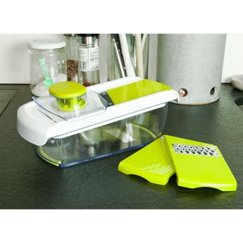 Preview: Râpe à Légumes Mandoline - 3 Lames Acier Inoxydable (Râper-Trancher-Julienne) - Roue Rotative pour Tranches/Quartiers - Poignée Sécurisée - 28.2x9.5x12.3cm