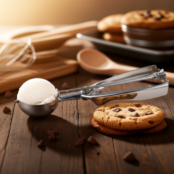 Ice portioner, ice spoon, with release mechanism, stainless steel