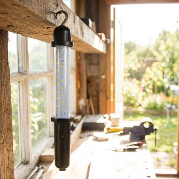 Preview: LED work light with hook – battery-operated – 30 LEDs, 130 lumens, 12000K, 416x58x58mm, ideal for workshop, camping & construction site – robust, bright, mobile