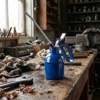Preview: Ölspritzkanne 300 ml - Ölen von Fahrzeugen, Motoren & Maschinen mit Pumpfunktion - Stabile Metallkanne blau - Feste Tülle für dosierte Öl-Abgabe