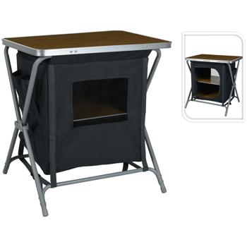 Preview: Boîte de cuisine de camping pliable - Armoire de rangement avec surface bambou - Table d‘appoint 60x45x64cm - Gris foncé-brun