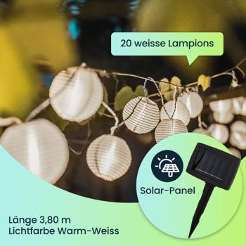 Preview: LED Lampion Lichterkette, Solar, warmweiss, 20 weisse Lampions, 3,8m, IP44, effektvolle Solarlichterkette für Balkon, Terrasse, Garten, Bäume u.v.m