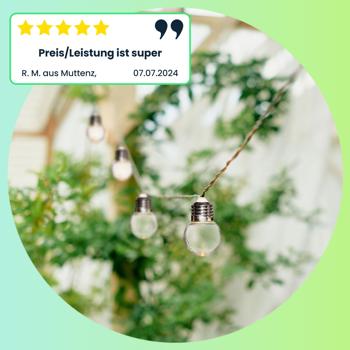 Preview: Solar-LED-Lichterkette mit 20 warmweissen LEDs in Glühbirnenform, 3,8 m, wetterfest, energiesparend, für Garten, Balkon & Terrasse, IP44