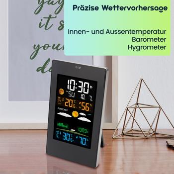 Preview: Moderne Wetterstation mit LCD-Farbdisplay, Funk-Aussensensor, Wecker & USB-Ladeport – präzise Wettervorhersage, Temperatur & Luftfeuchtigkeit
