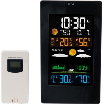 Preview: Modern weather station with LCD color display, wireless outdoor sensor, alarm clock & USB charging port - precise weather forecast, temperature & humidity