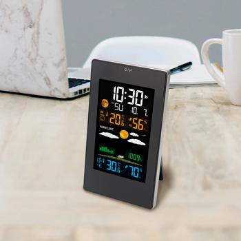 Preview: Modern weather station with LCD color display, wireless outdoor sensor, alarm clock & USB charging port - precise weather forecast, temperature & humidity