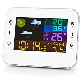 Preview: Drahtlose Wetterstation - Farb-LCD Display, Aussensensor - Präzise Wetterdaten, Luftfeuchtigkeit, Prognosen - Wecker & Schlummerfunktion - Silber-Weiss