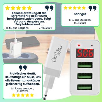 Preview: 2er-Set Multi-Port USB Ladegerät mit 3 USB-A Ports & LED-Display, je 5 V/2,4 A, 3 Geräte gleichzeitig, für iPhone, Airpods, Samsung, Android, etc