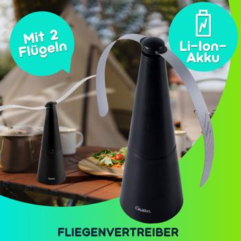 Preview: 2er Akku-Fliegenvertreiber mit 2 Flügeln, tierfreundlicher Fliegenwedler ohne Chemie, Li-Ion Akku, Hinstellen, Aufhängen auf Balkon, Terrasse, im Garten