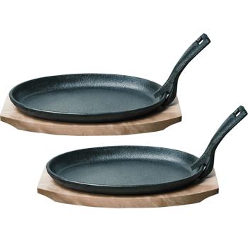 Preview: set of 2 solid professional cast iron serving pans with wooden coasters, 24 x 14 x 2.2 cm, removable handle, heat-resistant up to 230 °C 