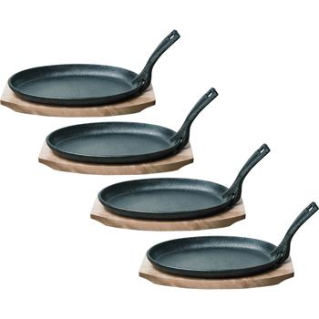 Preview: set di 4 solidi tegami professionali in ghisa con sottopentola in legno, 24 x 14 x 2,2 cm, manico rimovibile resistente al calore fino a 230 °C 