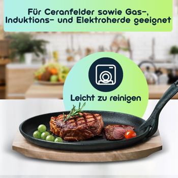 Preview: 4er-Set Massive Profi Servierpfanne aus Gusseisen mit Holz-Untersetzer, 24 x 14 x 2,2 cm, Abnehmbarer Griff bis 230 °C hitzebeständig 