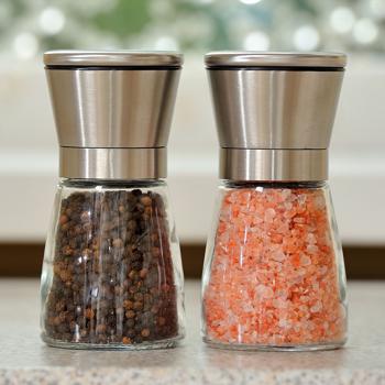 2er-Set Salz-/Pfeffermühle: Glas & Edelstahl, Keramik-Mahlwerk - 160ml, Ø 13,2cm - Mahlgrad stufenlos einstellbar - für maximales Aroma