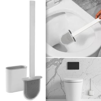Preview: 4 Brosses WC avec poils en silicone et supports - Nettoyage doux, efficace et hygiénique - Séchage rapide, fixation murale sans perçage - Blanc/gris