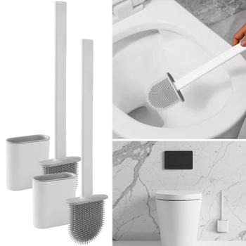 Preview: 4 Brosses WC avec poils en silicone et supports - Nettoyage doux, efficace et hygiénique - Séchage rapide, fixation murale sans perçage - Blanc/gris