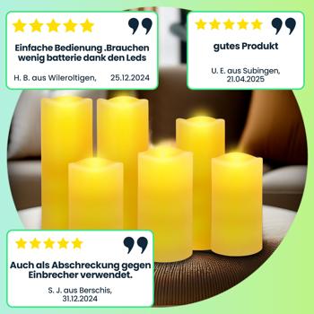 Preview: 12er-Set LED-Echtwachskerzen mit Fernbedienung – dimmbar, flackernder Effekt, verschiedene Grössen, batteriebetrieben für stimmungsvolle Beleuchtung