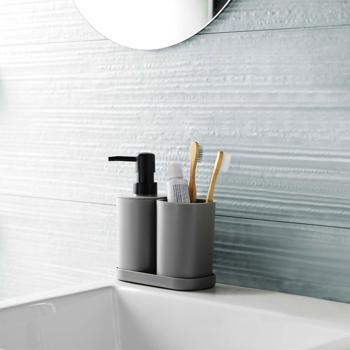 Preview: Badezimmer-Set 3-teilig Anthrazit - Seifenspender, Becher, Schale - Stilvolles Design für modernes Bad & WC - Hygiene & Ordnung am Waschtisch