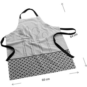 Preview: Tablier de Cuisine Coton Recyclé - Protection Vêtements Cuisine, Pâtisserie, Grillades - Gris Imprimé Couverts 60x84 cm
