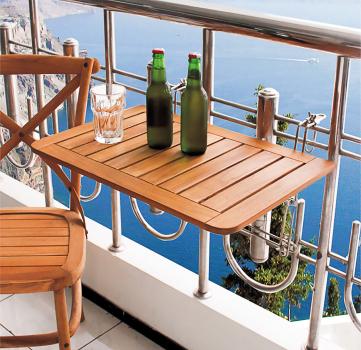 Folding teak balcony table, attaches to railings, 60 x 40 x 1.5 cm