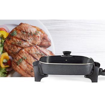 Preview: XXL electric party pan, 40cm, 7 liters, aluminium, black, powerful 2200 watts - With glass lid & cool-touch handles, for large parties