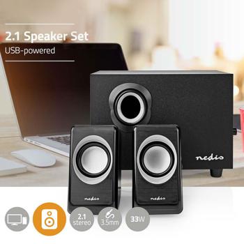 Preview: Speakers with subwoofer – 2.1 stereo sound for PC, laptop & smartphone – 33 watts total, 15-watt subwoofer, 3.5 mm jack – USB powered