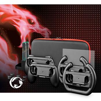 Preview: 13-tlg. Zubehör Set für Nintendo Switch  – Ladestation, Controller- & Lenkradgriffe, Daumenkappen, Komplett-Set für ultimativen Spielspass