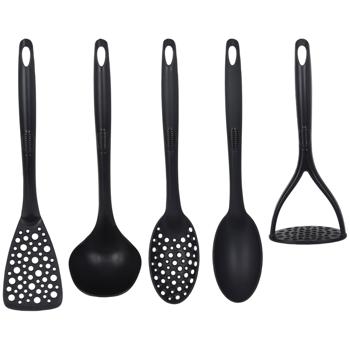 Preview: Lot d’ustensiles de cuisine 5 pièces noirs - Robustes, faciles à nettoyer, idéaux fêtes & voyages - Inclus: presse-purée, louche, spatule, 2 cuillères - Plastique non-abrasif