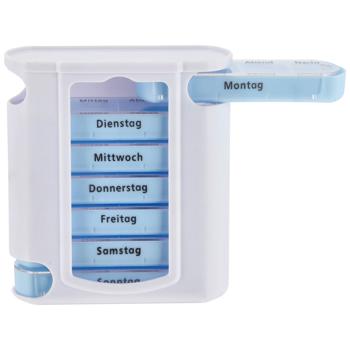 Preview: Pillenbox 7 Tage - Weiss/Blau Medikamentendose mit 4 Fächern pro Tag (Morgen-Mittag-Abend-Nacht) - Wochenbox für Medikamente 11.5x4.3x13 cm