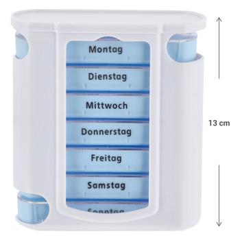 Preview: Pillenbox 7 Tage - Weiss/Blau Medikamentendose mit 4 Fächern pro Tag (Morgen-Mittag-Abend-Nacht) - Wochenbox für Medikamente 11.5x4.3x13 cm