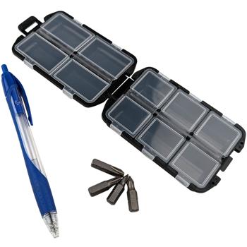 Preview: Mini-boîte de rangement pour petites pièces - 10 compartiments transparents - 10x3x6,5 cm - Noir - Plastique robuste - Compacte