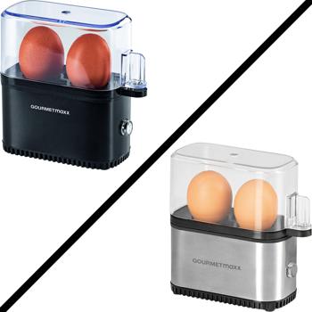 Preview: Kompakter Eierkocher für 2 Eier (250W): Silber/Schwarzer Mini-Eierkocher für perfekt gekochte Eier – schnell, einfach & platzsparend