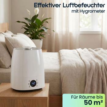 Preview: Effektiver Luftbefeuchter (grau/weiss) mit Hygrometer – Für Räume bis 50 m² – 5,5 Liter Tank & Keramikfilter für ein gesundes Raumklima