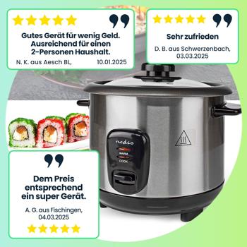 Preview: Stilvoller Edelstahl Reiskocher mit Warmhaltefunktion, 1 Liter, 400 W, schwarz - silber, antihaftbeschichtet, für bis zu 5 Portionen leckeren Reis