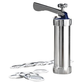 Preview: Cookie press stainless steel aluminum - versatile baking, decorating, garnishing - 20 pattern discs, 4 piping nozzles - easy to use & clean