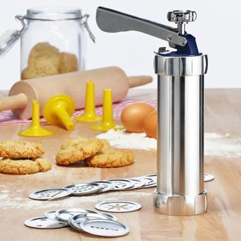 Preview: Cookie press stainless steel aluminum - versatile baking, decorating, garnishing - 20 pattern discs, 4 piping nozzles - easy to use & clean