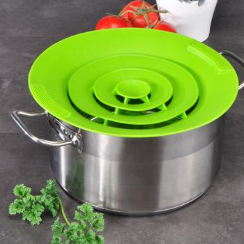Preview: Silikon-Überkochschutz grün - Verhindert Überlaufen, Spritzschutz, Mikrowellen-/Spülmaschinenfest - Ø 15-25cm Töpfe/Pfannen - Hitzebeständig 240° - 175g