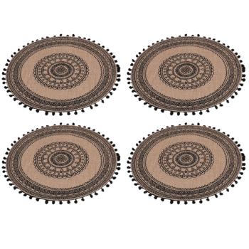 Preview: Set of 4 round jute placemats, with pompom, brown, black pattern 38 x 38 cm