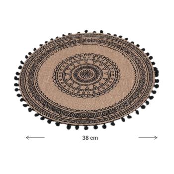 Preview: Set of 4 round jute placemats, with pompom, brown, black pattern 38 x 38 cm