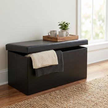 Elegant folding seat chest, for 2 people, foldable, imitation leather in black, with additional storage space and comfortable seat
