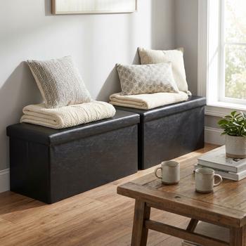 set of 2 Elegant folding seat chest, for 2 people, foldable, imitation leather in black, with additional storage space and comfortable seat