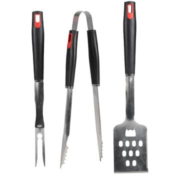 Preview: 3-piece stainless steel barbecue cutlery set, 40cm - barbecue tongs, barbecue turner, barbecue fork, red-black handle, complete BBQ tool set