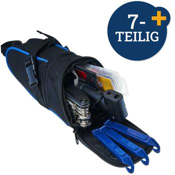 Preview: Velo-Werkzeug-Set 7-teilig - Komplett-Reparaturset für Fahrrad-Pannenhilfe - Inkl. Teleskop-Luftpumpe, Reifenheber, Multitool & Transporttasche